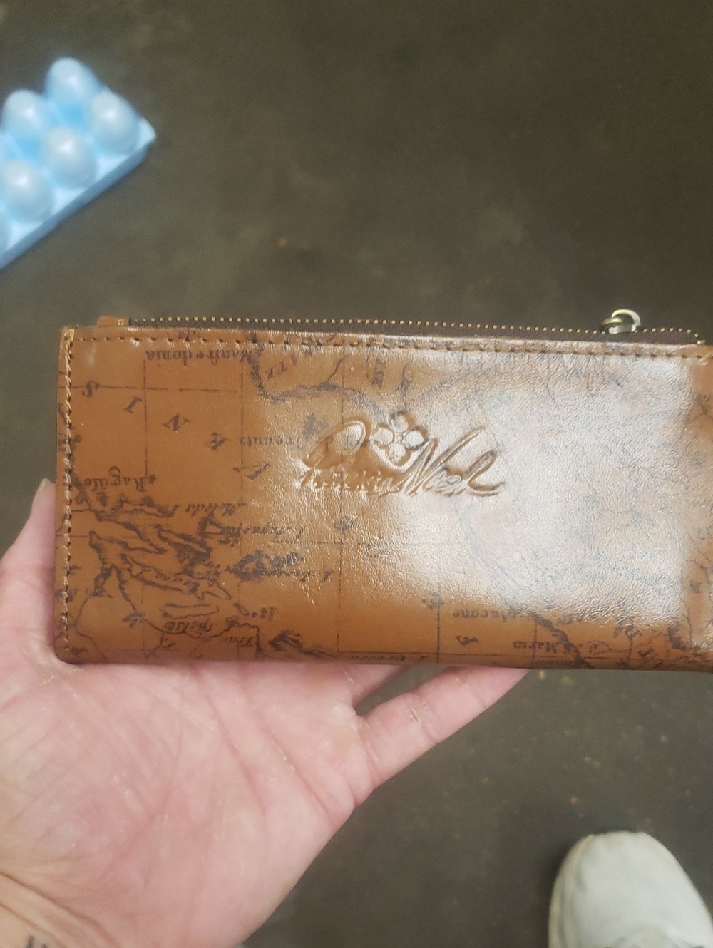 Embossed Map Brown Leather Zip Wallet
